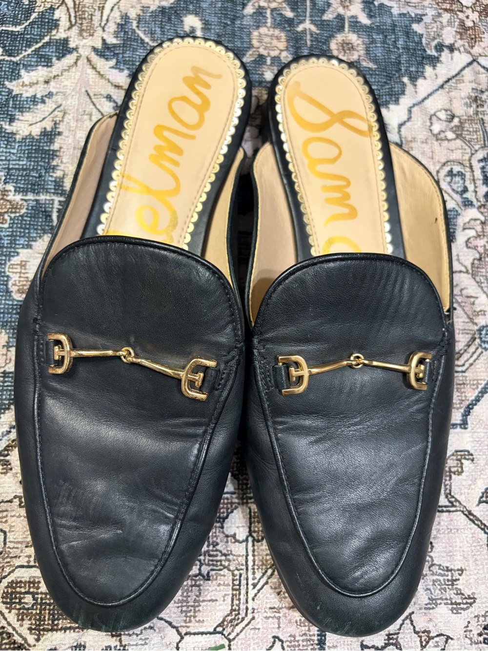 Sam Edelman Black Leather Backless Mules with Gold Bit